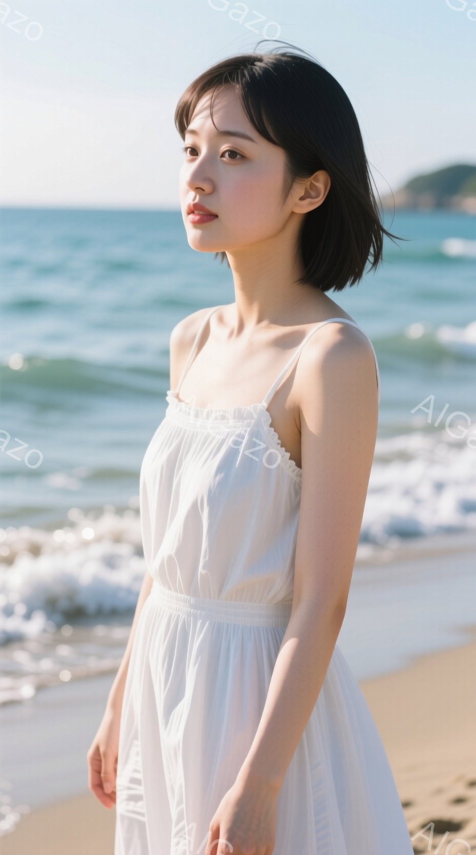 砂浜に立つ女性は、白いストラップのワンピースを着ており、穏やかな表情を浮かべている。彼女は黒髪のショートボブで、少し微笑んでいるように見える。背景には青い海と穏やかな波が広がり、晴れた日の穏やかな雰囲気を醸し出している。
