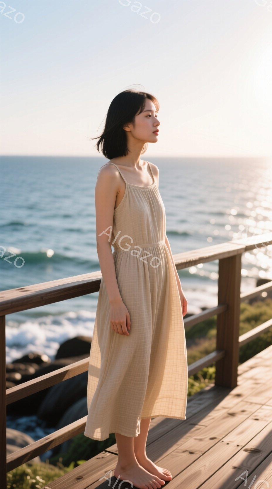 明るい日差しの中で、女性が木製のデッキに立っている。ベージュ色のキャミソールワンピースを着ており、黒髪を肩の長さで切り揃えている。彼女は横を向き、遠くの海を眺めており、穏やかで物憂げな表情をしている。