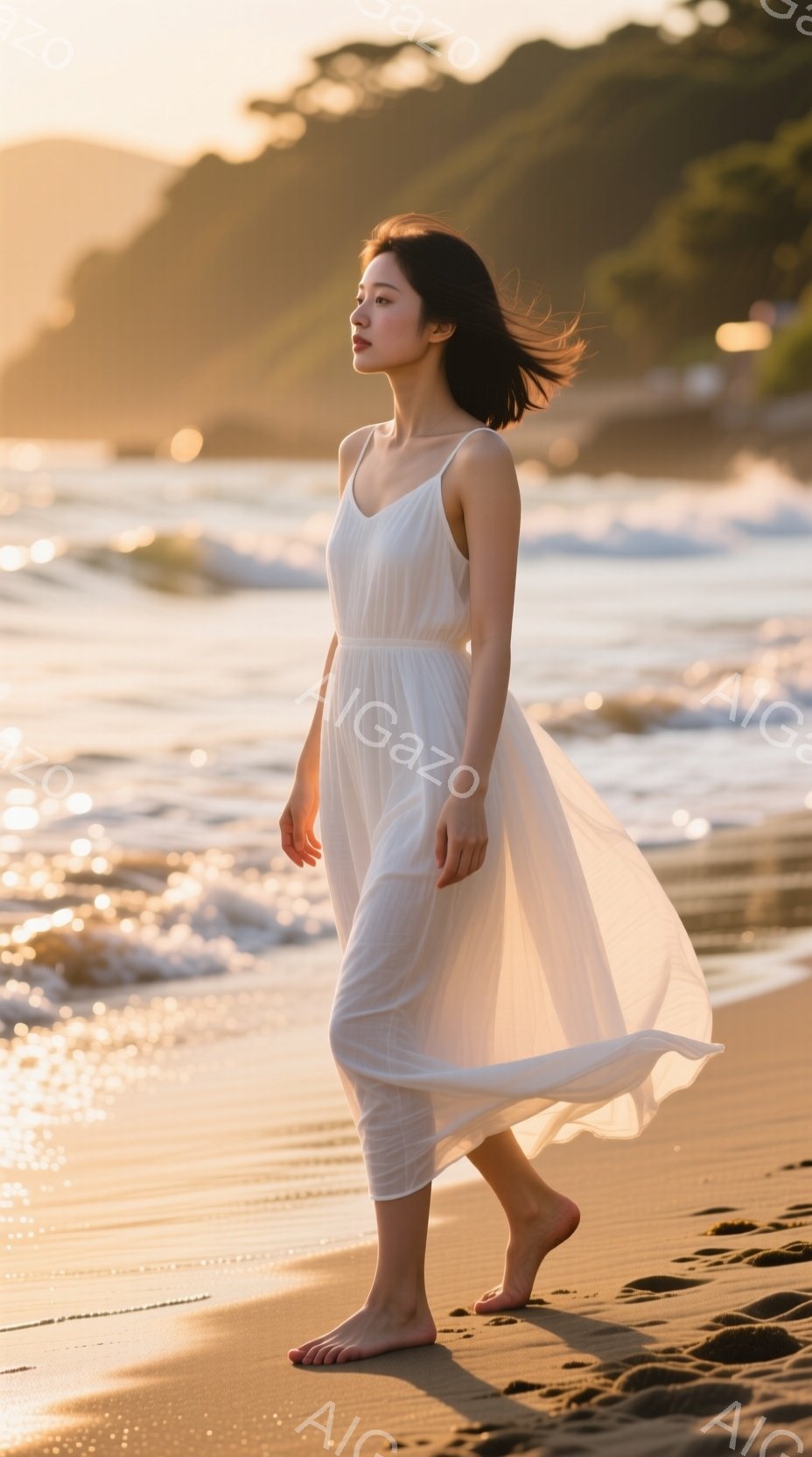 白いキャミソールワンピースを着た女性が砂浜を歩いている。髪は肩のあたりで切り揃えられ、風になびいている。背景には穏やかな波が打ち寄せ、夕焼けの光が砂浜を金色に染めている。