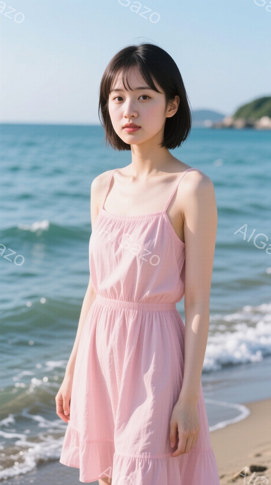 ピンク色のストラップレスのワンピースを着た若い女性が、砂浜で立っています。彼女は黒髪のショートボブで、穏やかな表情をしています。背景には青い海と遠くの緑の丘が見え、晴れた日の穏やかな雰囲気が漂っています。