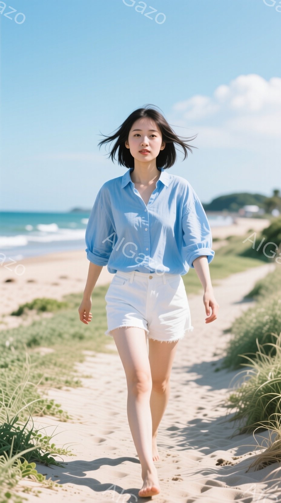 青いシャツと白いショートパンツを着た女性が、砂浜を裸足で歩いている。彼女は短い黒髪で、表情は穏やかで、リラックスした様子が伺える。背景には青い空と海が広がり、緑の草が砂浜に生えている、晴れた日の穏やかな光景が広がっている。