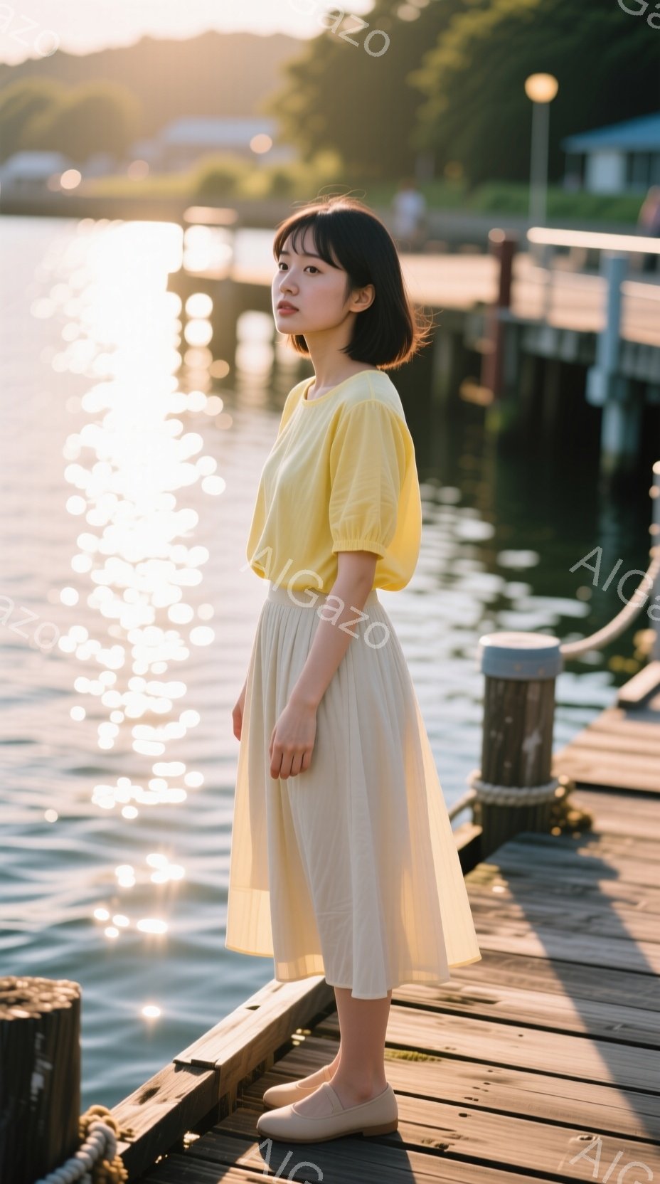 淡い黄色のパフスリーブブラウスと、クリーム色のプリーツスカートを身に着けた若い女性が、桟橋の上に立っている。彼女は肩を少し落とし、少し憂いを帯びた表情で遠くを見つめている。背景には水面がキラキラと輝き、遠くには建物が見え、穏やかでノスタルジックな雰囲気が漂っている。