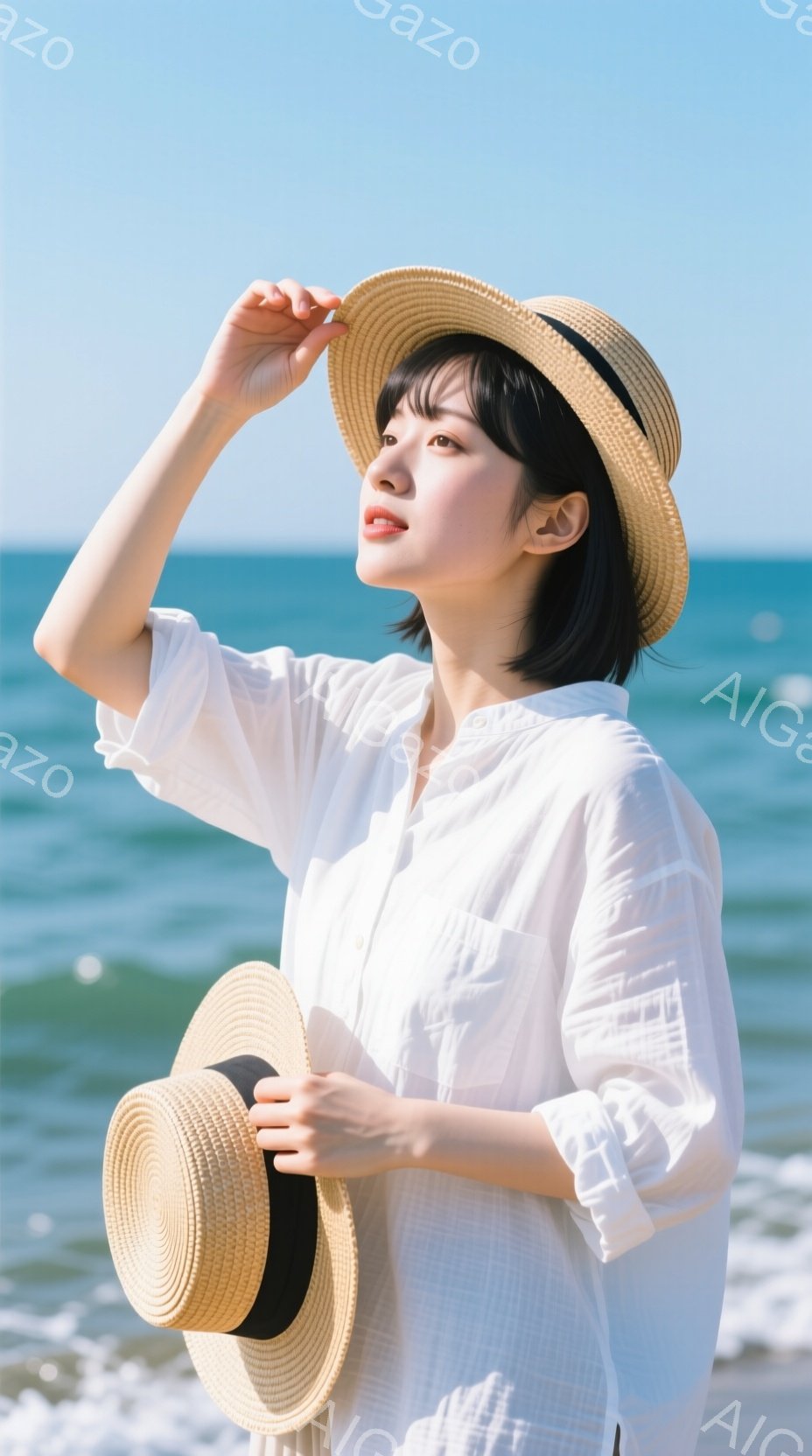 白いシャツを着た女性が、麦わら帽子を手で支えながら海を眺めている。彼女は短い黒髪で、顔は少し上を向いており、穏やかな表情を浮かべている。背景には青い海と白い波が広がり、晴れた日の穏やかなビーチの雰囲気を伝えている。