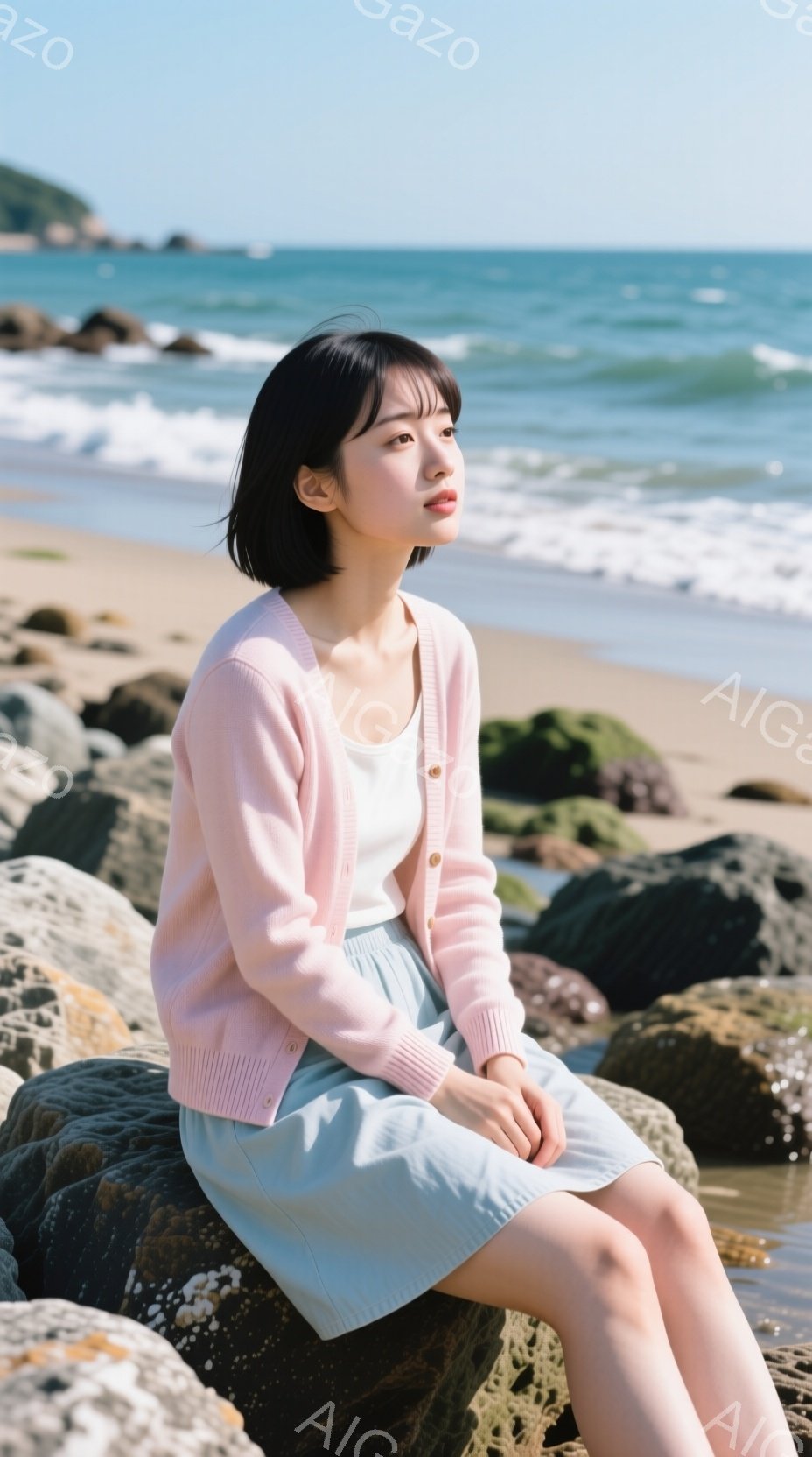 若い女性が岩の上に座り、海を眺めている。彼女はクリーム色のタンクトップに薄い水色のスカート、そしてピンク色のカーディガンを着ており、短い黒髪は肩にかかっている。背景には青い海と砂浜、そして穏やかな日差しが広がり、全体的に穏やかでリラックスした雰囲気が漂っている。