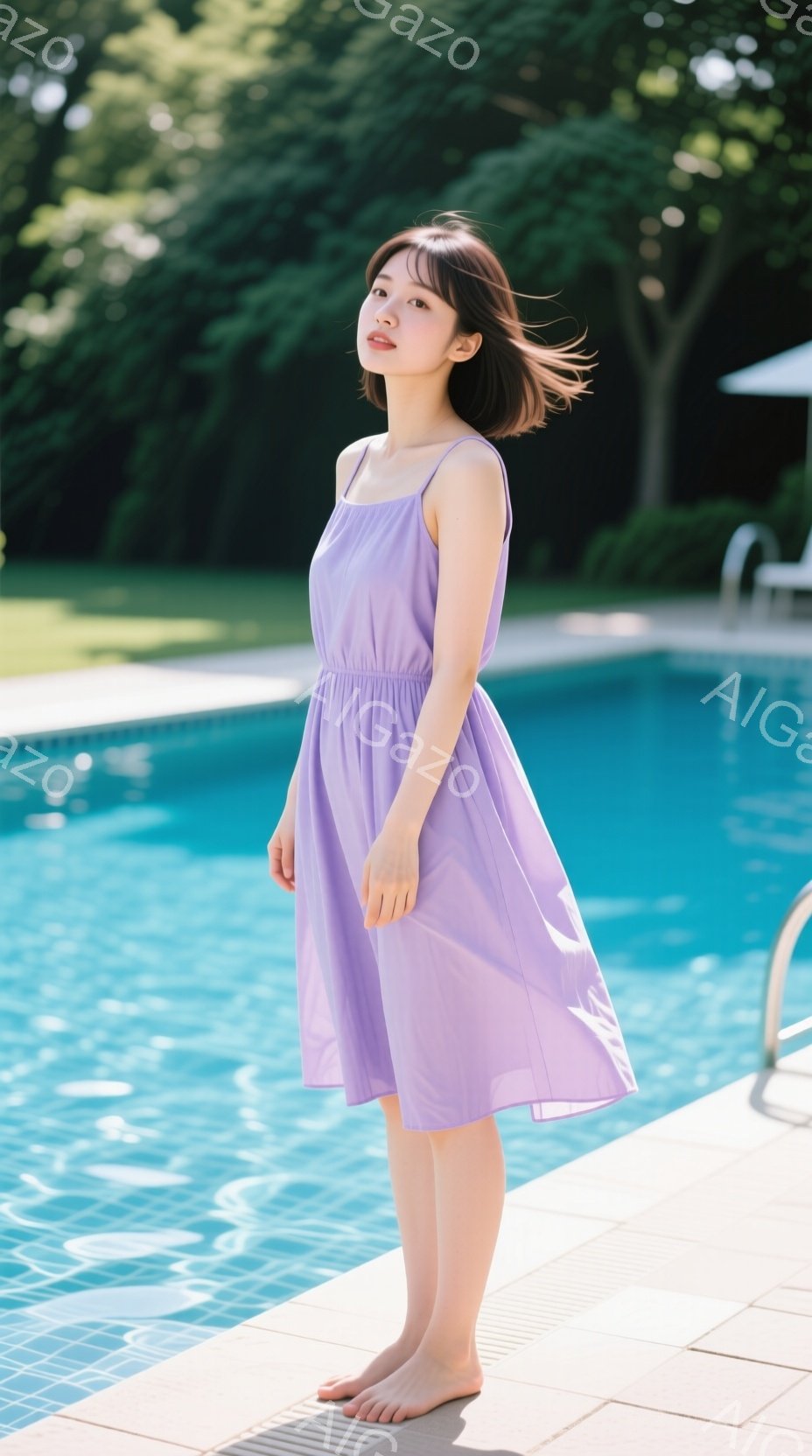 淡い紫色のキャミソールワンピースを着た若い女性が、プールの縁に立っている。彼女は足をわずかに伸ばし、リラックスした表情で遠くを見つめている。背景には青々とした木々と晴れた空が広がり、穏やかで夏の雰囲気 - AI生成フリー素材