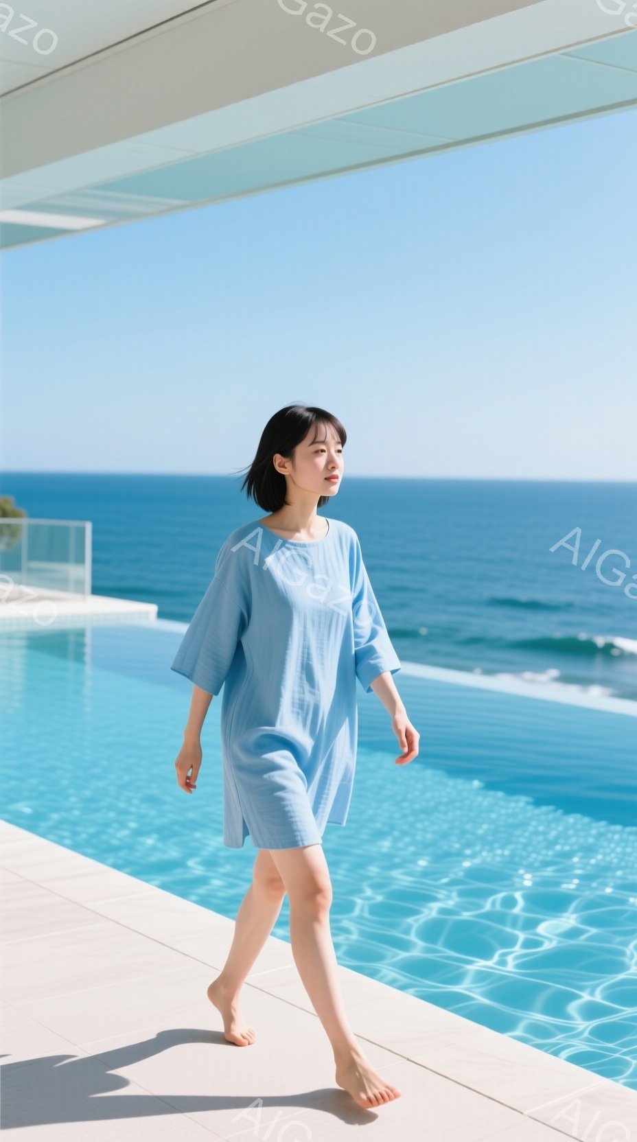 水色のゆったりとしたワンピースを着た女性が、プールの縁を裸足で歩いている。彼女は黒髪のショートヘアで、表情は穏やかでリラックスしているように見える。背景には青い海と空が広がり、晴天の下で穏やかな雰囲気が漂っている。