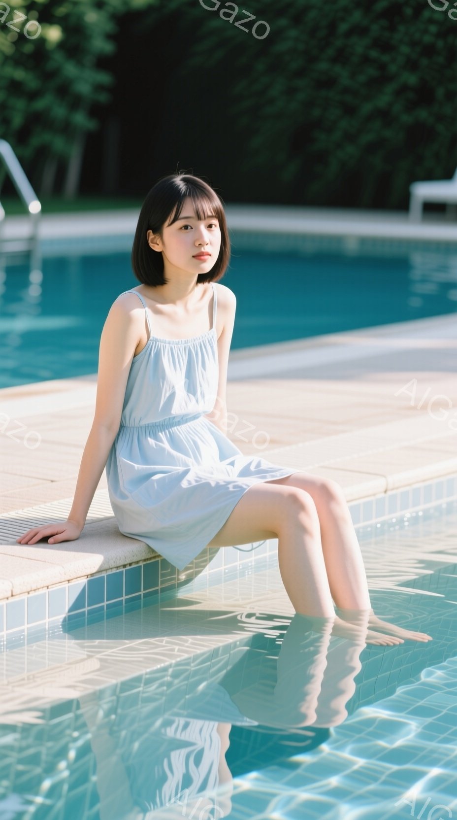 水着のような淡い水色のワンピースを着た若い女性が、プールの縁に座って足を浸しています。彼女は黒髪のショートヘアで、穏やかな表情をしています。背景には青い空と緑豊かな植物が見え、晴れた日のリラックスした - AI生成フリー素材