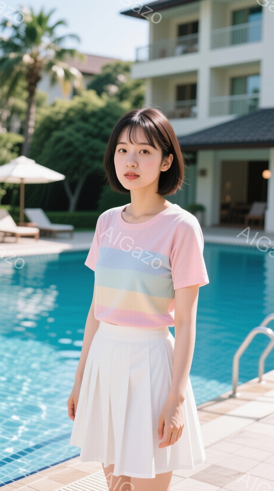 ショートヘアの女性が、プールサイドに立っている。ピンク、水色、緑色のストライプのTシャツと白いプリーツスカートを身につけ、やや微笑んだ表情で正面を見ている。背景には青いプール、白いデッキチェア、そして白い建物が見え、晴れた日の穏やかな雰囲気が漂っている。