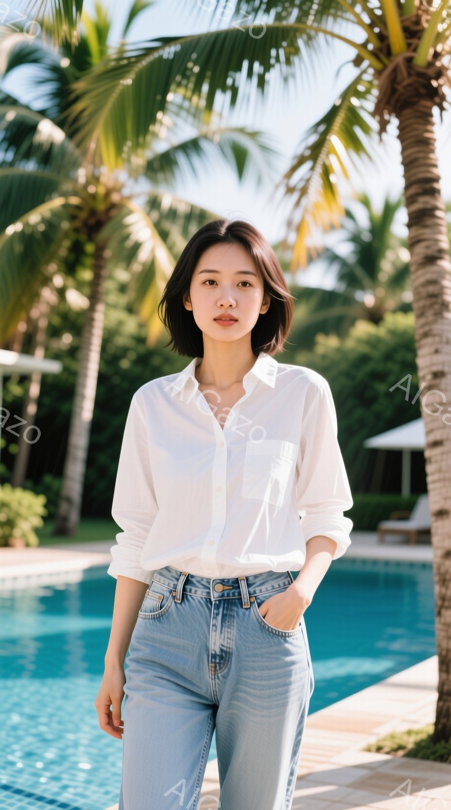 画像には、白いシャツと水色のジーンズを身につけた女性が写っています。彼女は両手をポケットに入れ、リラックスした姿勢で立っており、表情は穏やかで落ち着いています。背景には青いプールとヤシの木が見え、晴天の下、リゾート地のような開放感のある雰囲気が漂っています。
