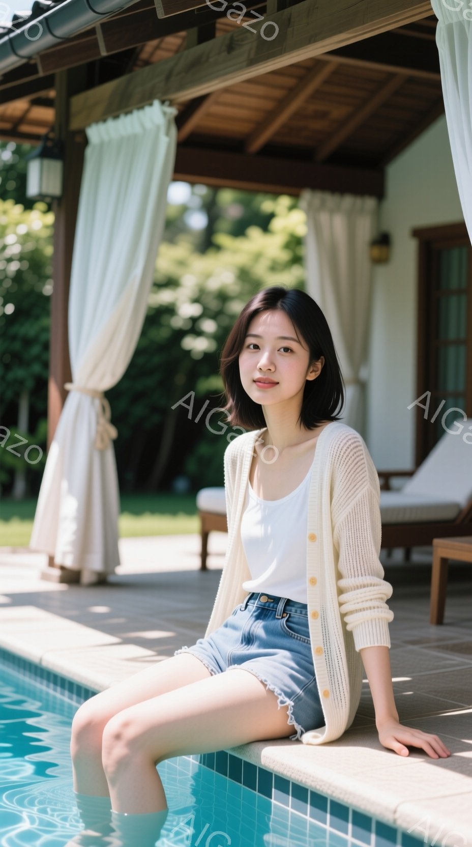 ショートヘアの女性が、水色のプールサイドに座り、白いタンクトップに水色のショートデニム、クリーム色のカーディガンを着ています。彼女はリラックスした表情で、少し微笑んでいるように見えます。背景には、木製の柱と白いカーテン、そして青々とした緑が見え、晴れた日の穏やかな雰囲気が漂っています。