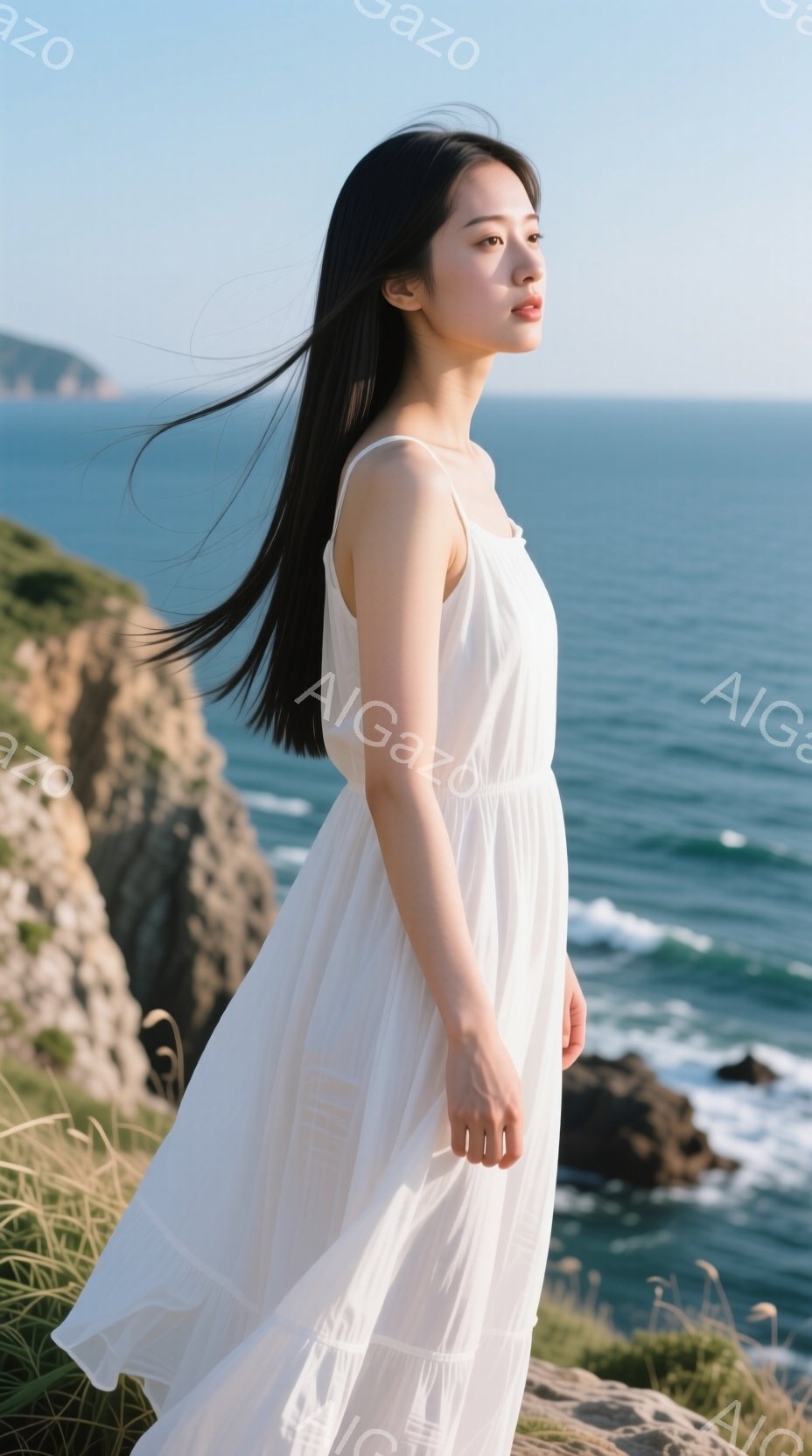 長い黒髪を風になびかせ、白いキャミソールワンピースを着た女性が、岩場の崖の上に立っている。彼女は横顔で、穏やかな表情で遠くを見つめている。背景には青い海と白い波が広がり、晴天の下、自然豊かな風景が広がっている。