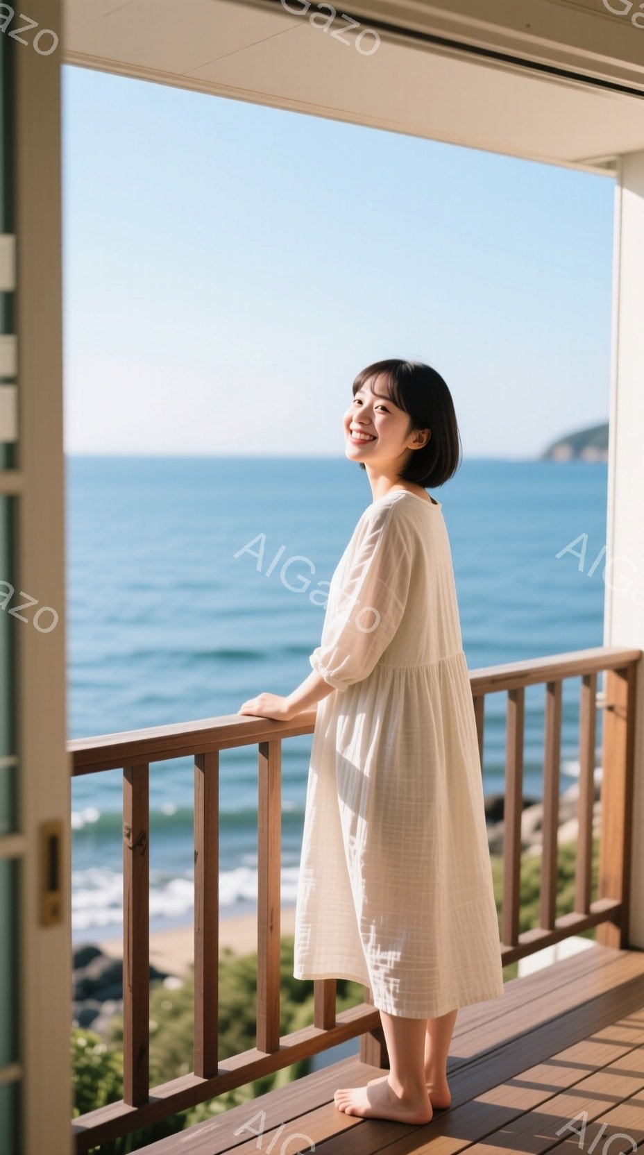 白いワンピースを着た女性が、バルコニーの手すりに寄りかかり、海を見下ろしている。彼女は短い髪で微笑んでおり、リラックスした雰囲気が漂う。背景には青い海と海岸線が広がり、晴天の下、穏やかな時間が流れているように見える。
