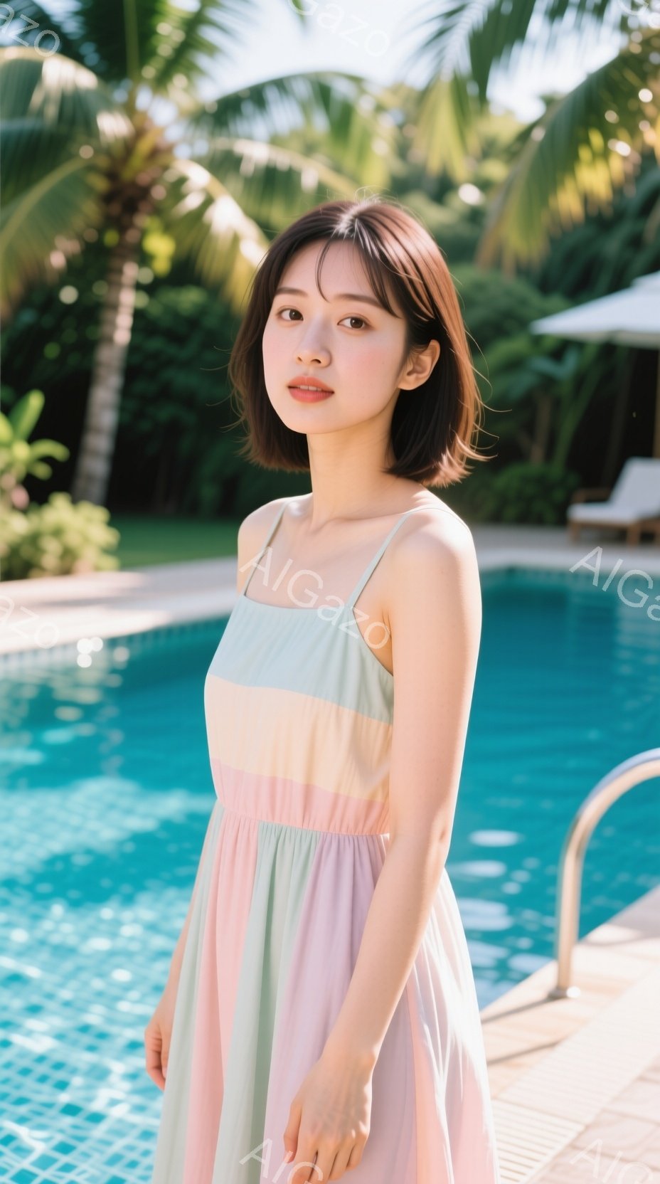 明るい青色のプールを背景に、パステルカラーのストライプのワンピースを着た若い女性が立っている。彼女は肩までの中間の長さの髪を持ち、穏やかな表情でわずかに微笑んでいる。背景にはヤシの木が見え、晴れた日差しが穏やかなリゾート地の雰囲気を醸し出している。