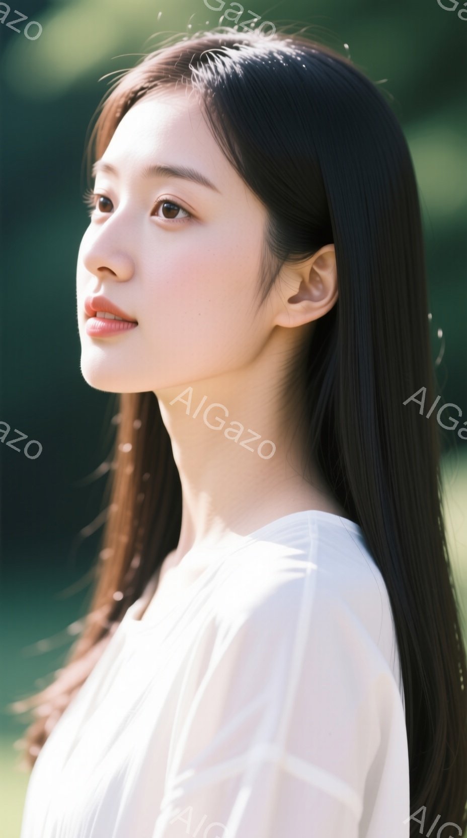 長い黒髪をなびかせ、白いブラウスを着た若い女性が写っている。彼女は横顔で、少し微笑んでいるように見える穏やかな表情をしている。背景は緑豊かな植物で、柔らかい光が差し込み、全体的に優しく穏やかな雰囲気を醸し出している。