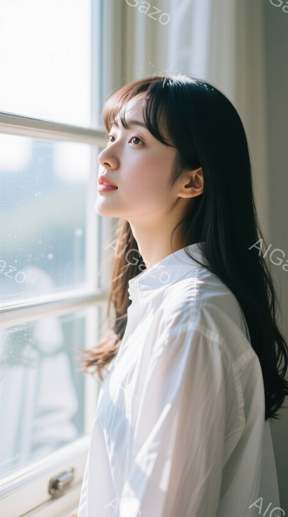 長い黒髪の女性が、白いシャツを着て窓辺に立っている。彼女は少し上を見上げ、穏やかな表情を浮かべている。背景にはぼやけた都市の景色が見え、柔らかな光が彼女を照らし、静かで夢見がちな雰囲気を醸し出している。