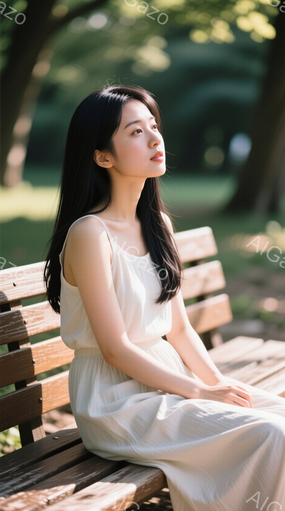 長い黒髪を肩で分けている女性が、ベージュ色のキャミソールワンピースを着てベンチに座っています。彼女は少し上を見つめ、穏やかで物憂げな表情をしています。背景には緑豊かな木々があり、柔らかな光が差し込み、 - AI生成フリー素材