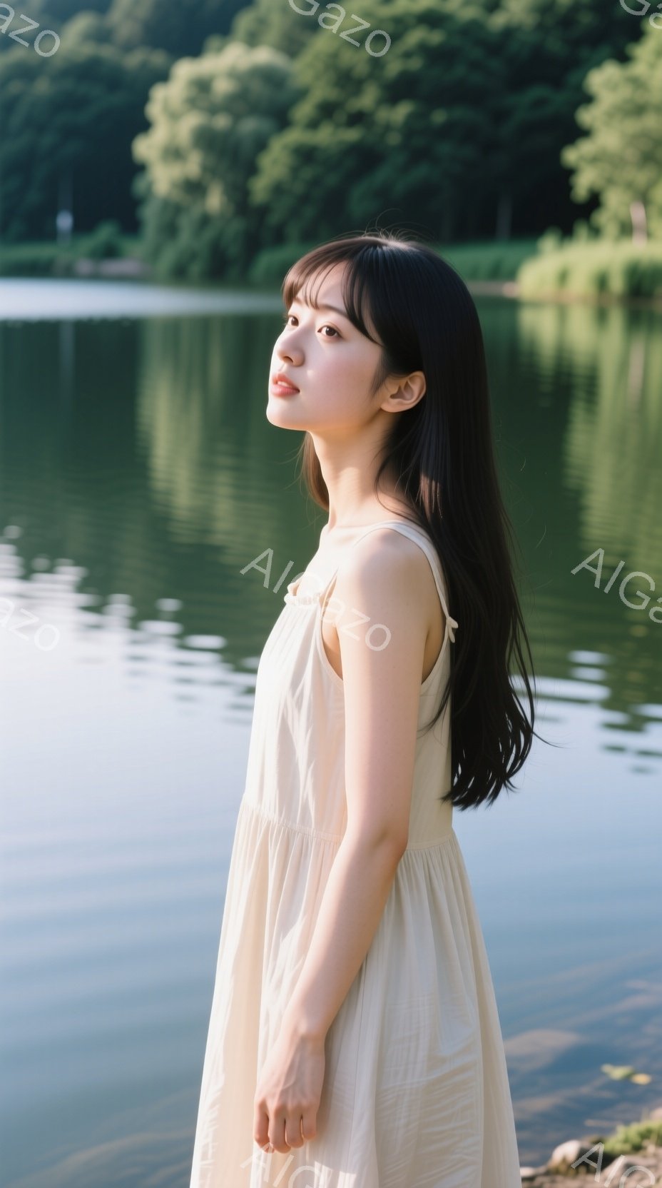 長い黒髪で、前髪を少しだけおろした女性が、淡いベージュ色のノースリーブのワンピースを着ています。彼女は横を向いて遠くを見つめ、穏やかで物憂げな表情を浮かべています。背景には緑豊かな木々と穏やかな水面が広がり、静かで優しい雰囲気を醸し出しています。