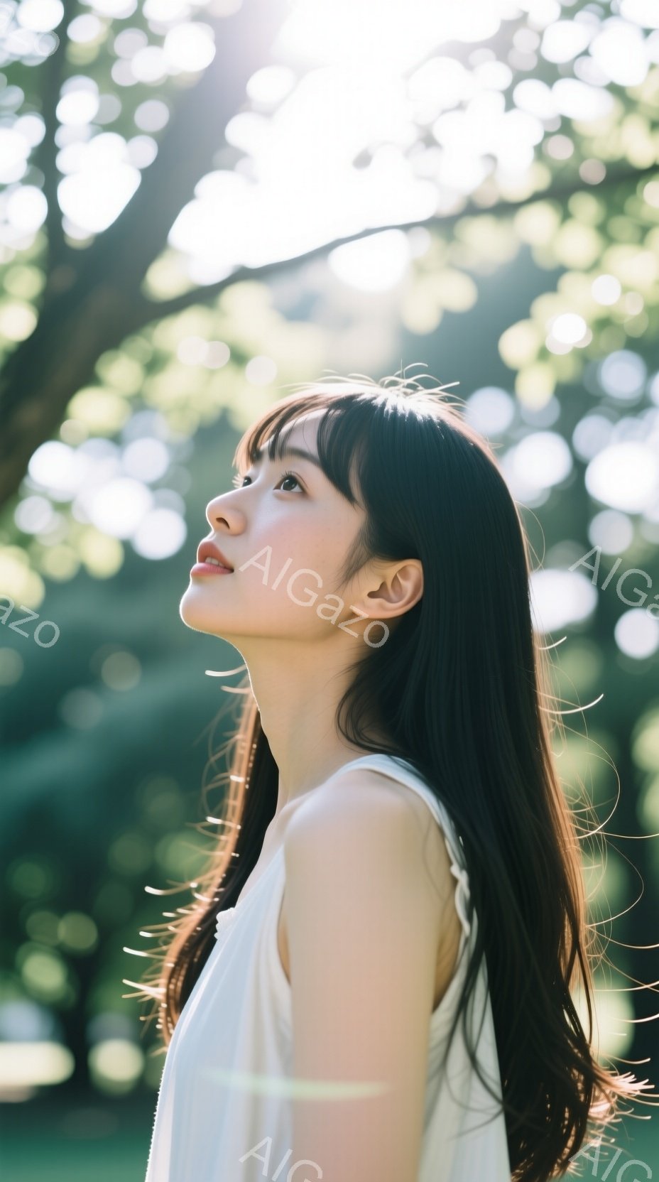 長い黒髪の女性が、白いトップスを着て、顔を少し上に向けて立っている。背景は緑豊かな木々で、太陽の光が葉の間から差し込み、柔らかい光で女性を照らしている。全体的に、穏やかで自然な雰囲気が漂っている。