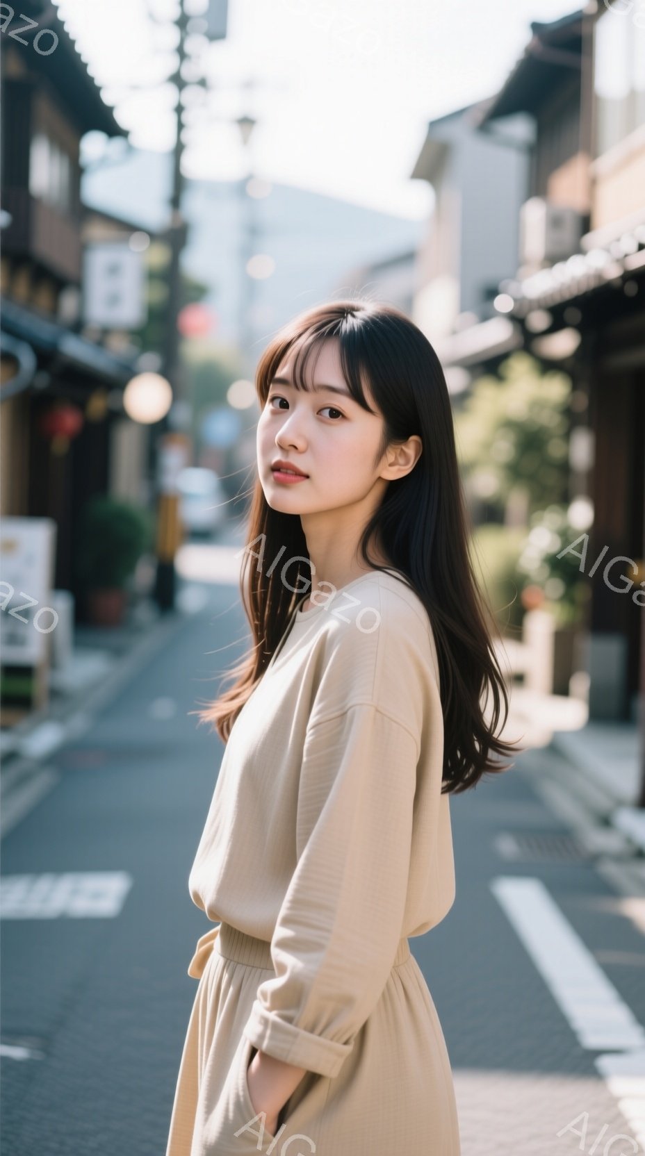 背景は石畳の道と古い木造建築が並ぶ、日本の古い町並みです。日差しが暖かく、穏やかな雰囲気を醸し出しています。