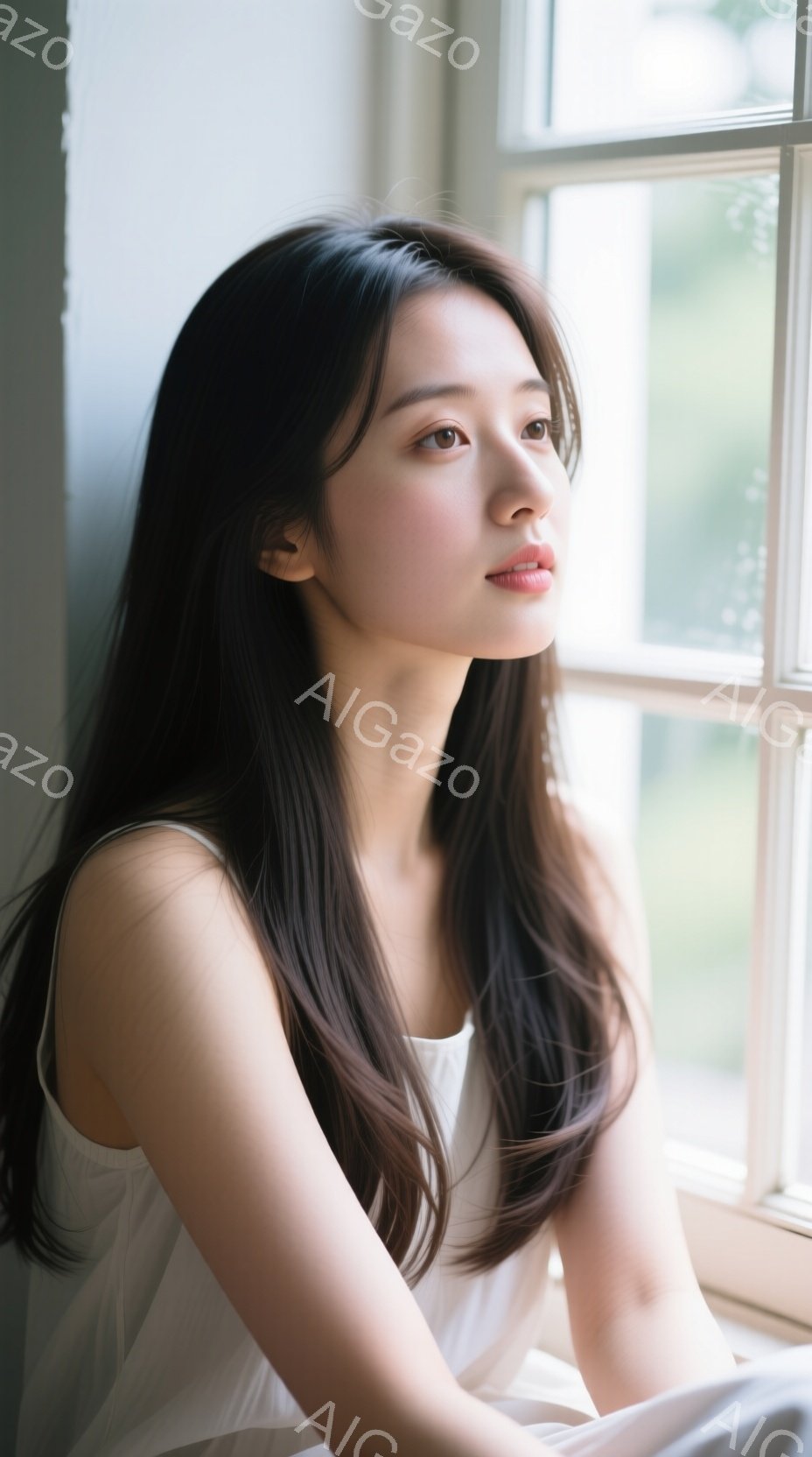 長い黒髪を肩にかける女性が、窓辺に座って外を見つめている。白いキャミソールを着ており、穏やかで物憂げな表情を浮かべている。背景には緑豊かな自然が広がり、柔らかい光が差し込み、静かで穏やかな雰囲気を醸し出している。