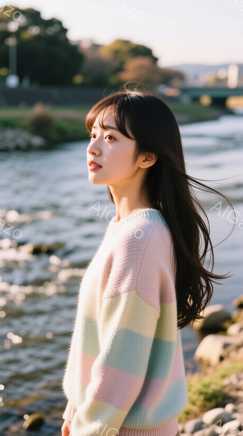 長い黒髪の女性が、ピンク、水色、クリーム色のブロック状に色分けされたセーターを着ています。彼女は横顔で、少し微笑んでおり、視線は左方向へ向いています。背景には水面と河原が見え、穏やかな日差しが差し込んでおり、全体的に柔らかく優しい雰囲気を醸し出しています。