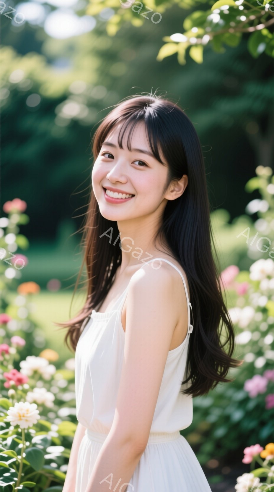 長い黒髪の女性が、白いキャミソールワンピースを着て微笑んでいます。彼女は少し体を傾け、穏やかで優しい表情をしています。背景には様々な色の花々が咲き乱れ、柔らかい光が差し込み、暖かく平和な雰囲気を醸し出しています。