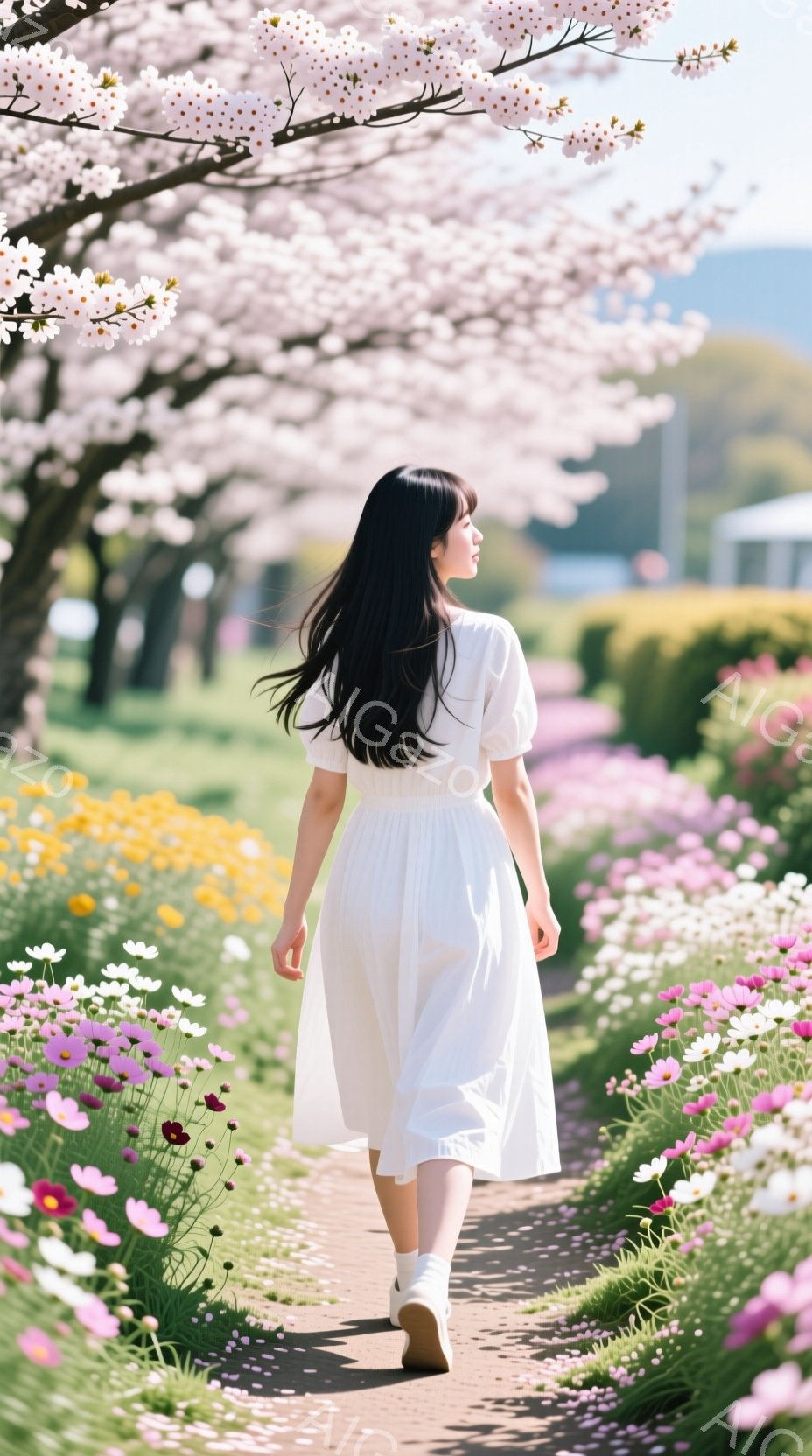 白いワンピースを着た女性が、ピンクと黄色の花が咲き乱れる道を歩いている。彼女は黒髪を後ろで一つにまとめ、後ろ姿からは穏やかで優雅な雰囲気が漂う。背景には桜並木が広がり、春の暖かな日差しと花々が、心地よい季節の訪れを感じさせる。