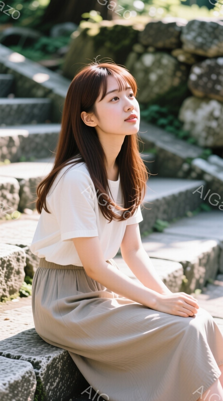 長い茶色の髪をした若い女性が、石段に腰掛けている。白いTシャツとベージュのスカートを身につけ、少し上を見つめる表情は穏やかで、どこか物憂げだ。背景には緑豊かな自然が広がり、柔らかい光が彼女を包み込んでいる。