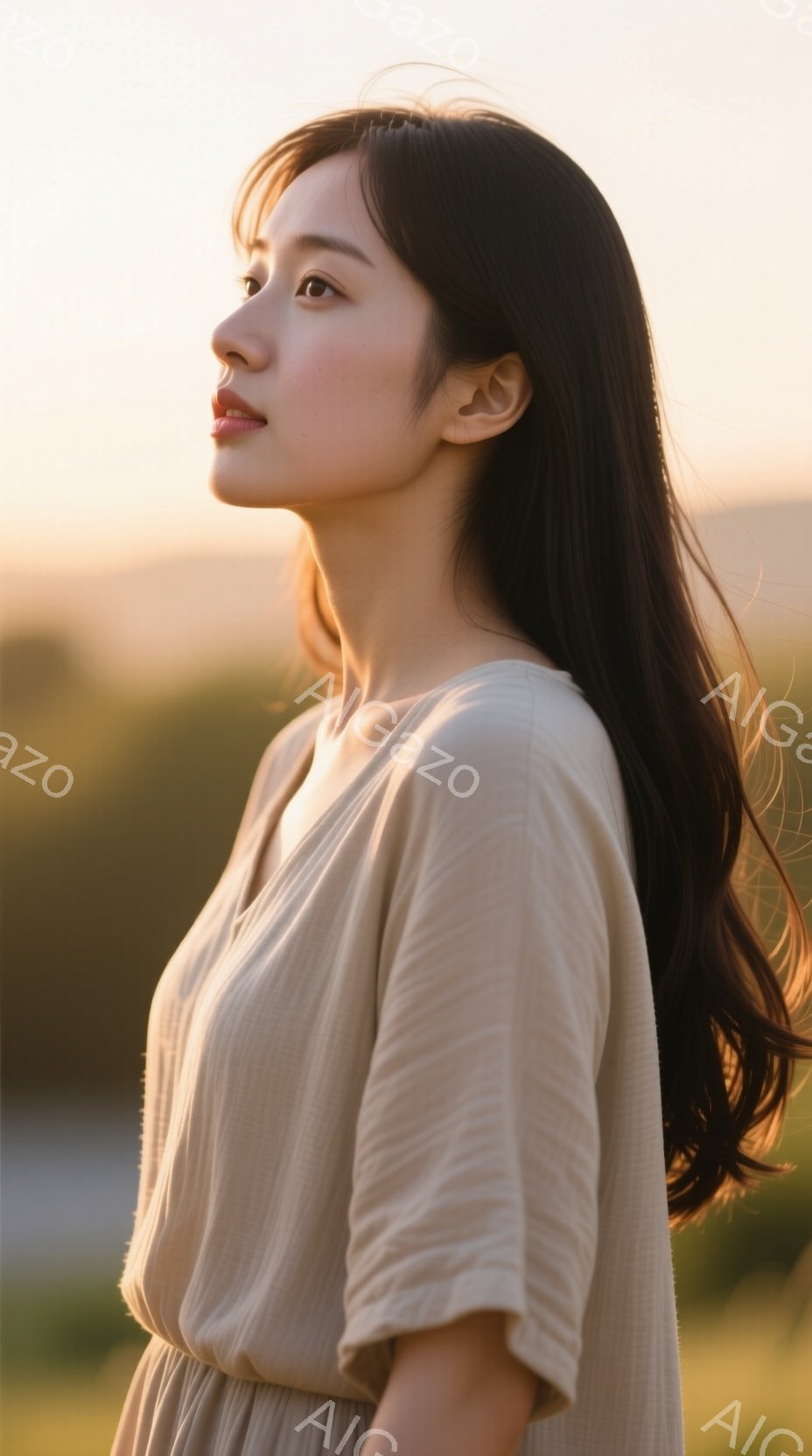長い黒髪をなびかせ、ベージュ色のゆったりとしたワンピースを着た女性が、横顔で写っている。彼女は遠くを見つめ、穏やかで物憂げな表情を浮かべており、自然光に照らされた背景は夕焼けのような暖色で、柔らかな雰囲気を醸し出している。背景には緑の草地とぼんやりとした建物が見え、静かで平和な情景が描かれている。