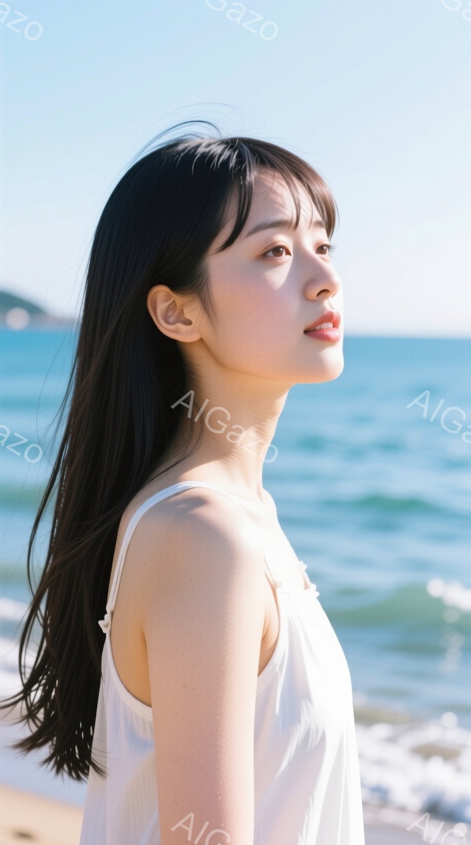 長い黒髪を肩から後ろに流した女性が、白いタンクトップを着て、横顔を見せています。彼女は少し上を見つめ、穏やかで物憂げな表情を浮かべており、背景には穏やかな波が広がる青い海と白い砂浜が見えます。全体的に、静かでノスタルジックな雰囲気を醸し出しています。