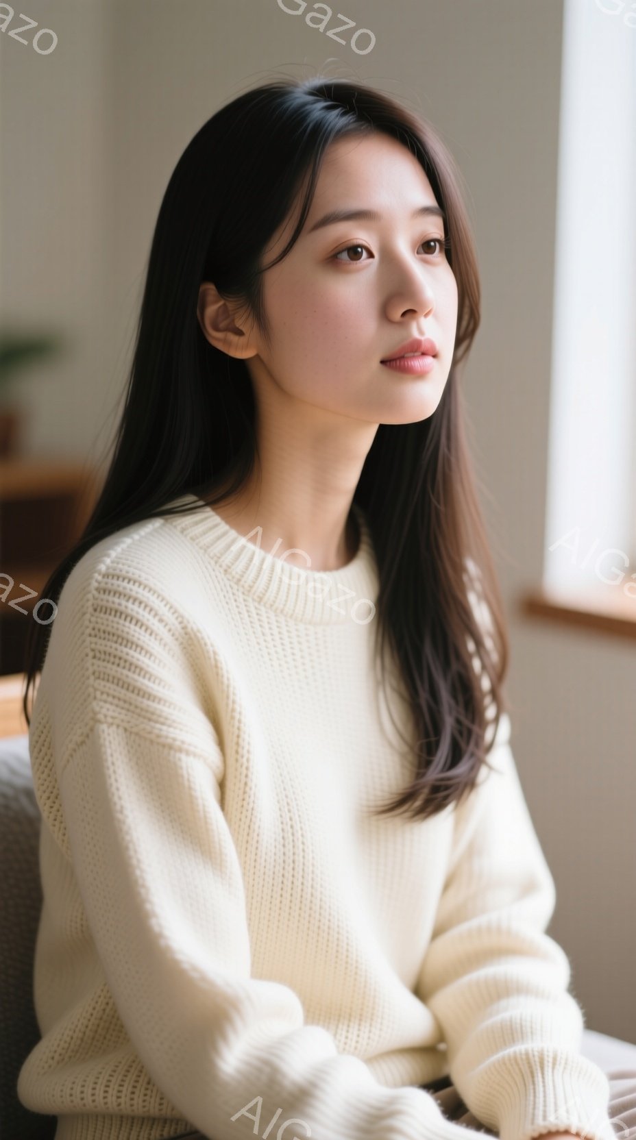 長い黒髪を耳にかける女性が、クリーム色のニットセーターを着て、窓の外を見つめています。彼女の表情は穏やかで、わずかに微笑んでいるように見えます。背景は明るく、窓からの自然光が彼女を照らし、リラックスした雰囲気を作り出しています。