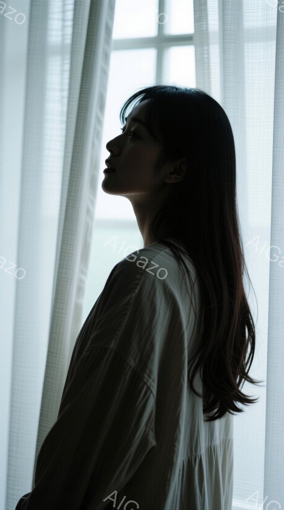 長い黒髪の女性が、窓辺で横顔を見せています。白いゆったりとしたブラウスを着ており、どこか物憂げな表情をしています。背景はぼやけた窓の光で、全体的に柔らかく、静寂な雰囲気が漂っています。