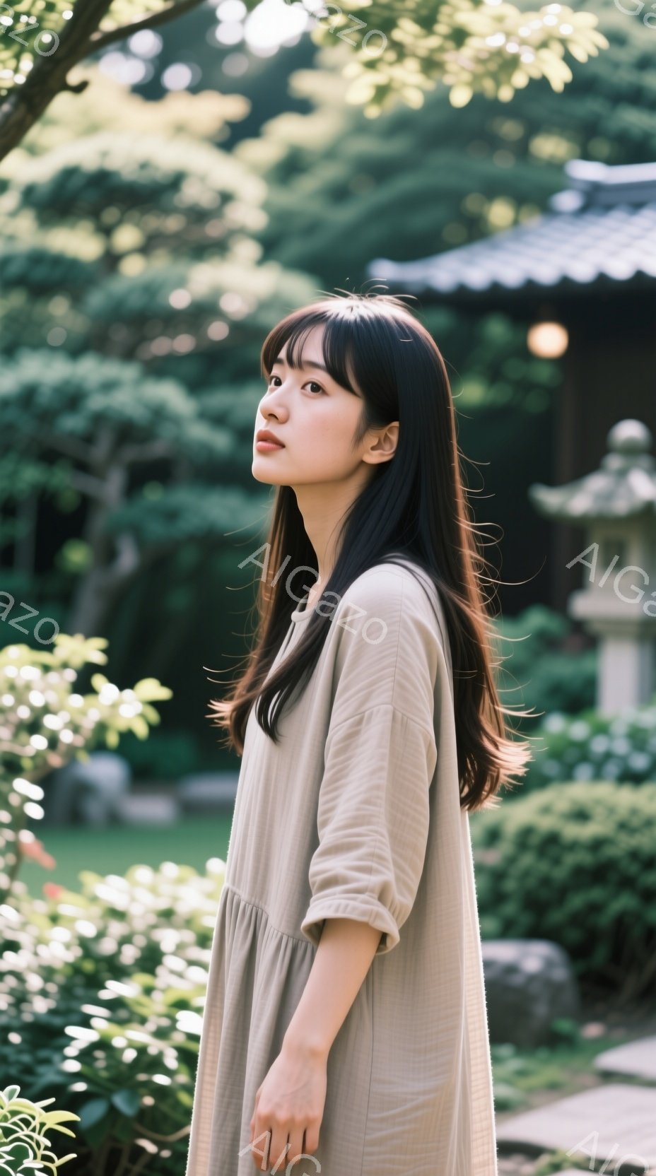 長い黒髪をセンターパートにした若い女性が、ベージュ色のゆったりとしたワンピースを着て、横を向いて立っています。彼女は穏やかな表情で、どこか物憂げな視線を遠くへ向けています。背景には緑豊かな庭園と、日本の伝統的な灯籠や建物が見え、柔らかな光が全体を包み込み、静かで落ち着いた雰囲気を醸し出しています。