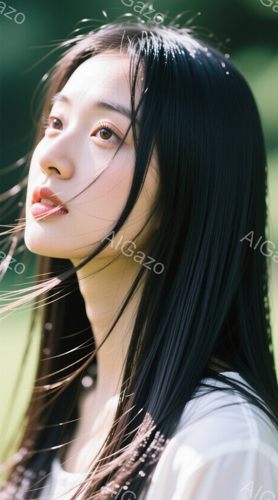 長い黒髪の女性が、緑豊かな背景の中で顔を少し上に向けて立っている。オフホワイトのブラウスを着ており、髪が風になびいて顔の周りに散らばっている。彼女は穏やかな表情で、どこか遠くを見つめている様子が、静かで優しい雰囲気を醸し出している。