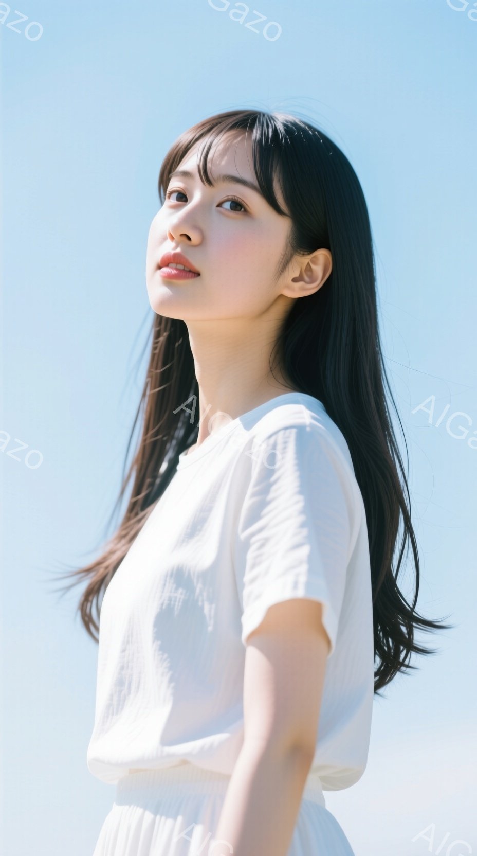 長い黒髪をなびかせ、白いTシャツを着た若い女性が写っている。彼女は少し顔を上げ、遠くを見つめるような表情をしており、穏やかで希望に満ちた雰囲気を醸し出している。背景は晴れた青空で、開放的で爽やかな印象を与える。