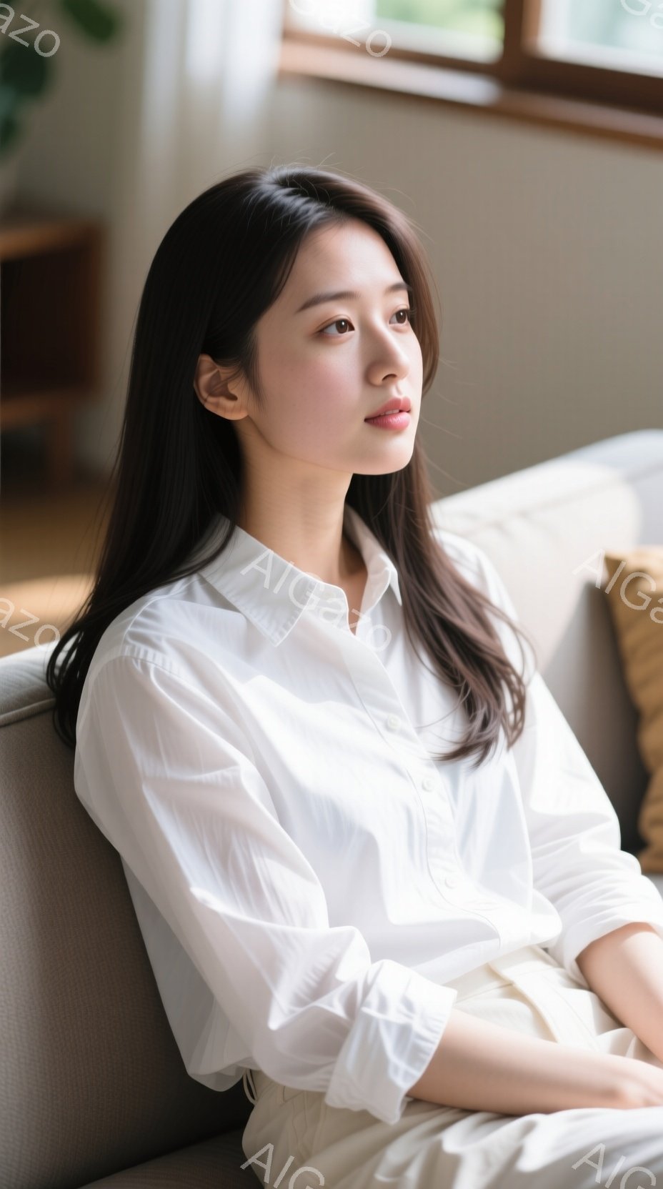 長い黒髪の女性が、白いシャツを着てソファに座っています。彼女は少し横を向いており、穏やかで物憂げな表情を浮かべています。背景には、ぼやけた家具や緑が見え、柔らかく暖かい雰囲気を醸し出しています。