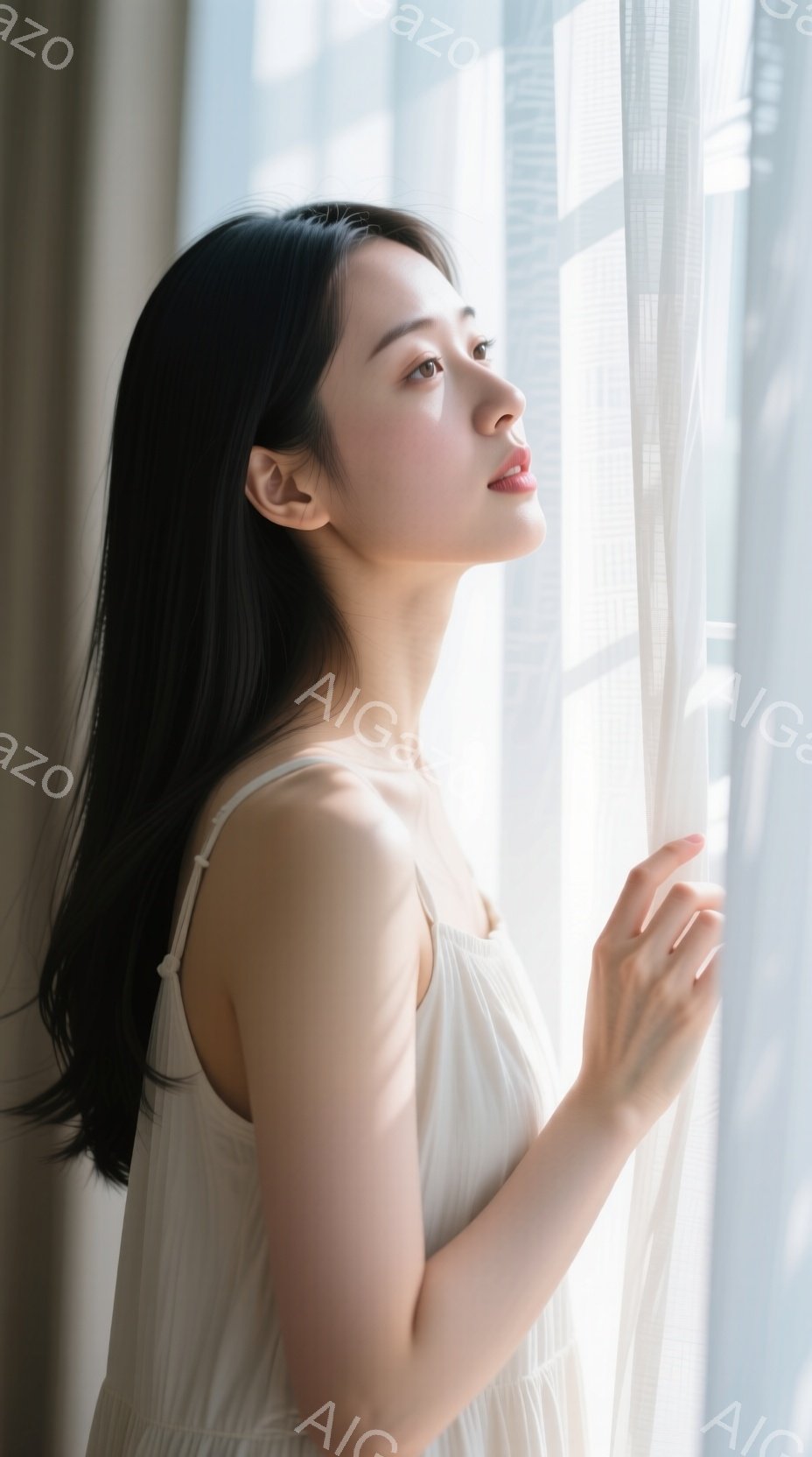 長い黒髪をなびかせ、白いキャミソールワンピースを着た女性が窓辺に立っている。彼女は少し上目線で何かを見つめており、穏やかで物憂げな表情をしている。窓から差し込む柔らかい光が彼女を照らし出し、静かで夢幻的な雰囲気を醸し出している。