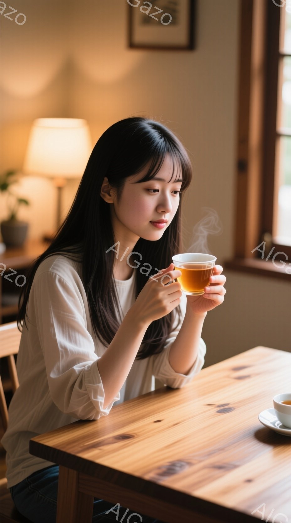 長い黒髪を肩まで伸ばした女性が、湯気の立つカップを両手で抱え、窓の外を物憂げに見つめている。オフホワイトのゆったりとしたブラウスを着ており、背景には木製のテーブルと間接照明、そして飾られた絵画が見える。暖かく穏やかな光が差し込み、静かでリラックスした雰囲気を醸し出している。