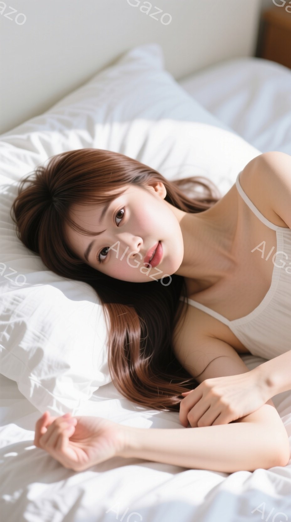 茶髪の女性が白いベッドに横たわっています。彼女はストラップ付きの白いトップスを着ており、優しい笑顔を浮かべてカメラを見ています。明るい光が差し込み、リラックスした穏やかな雰囲気を醸し出しています。