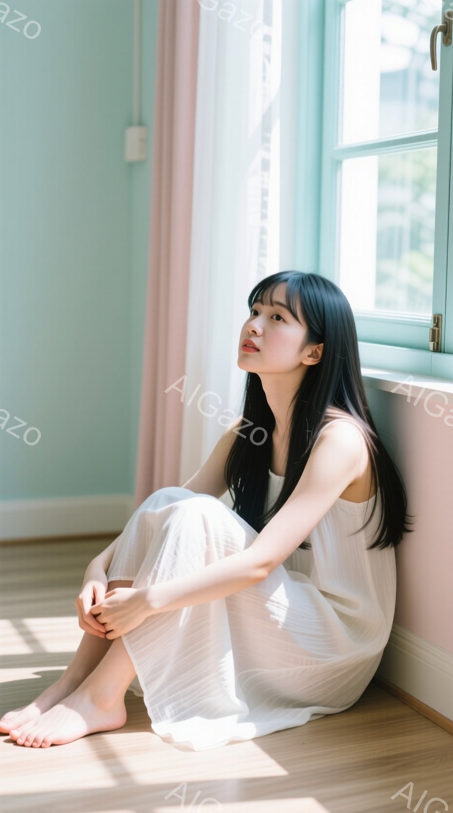 長い黒髪の女性が、白いシンプルなワンピースを着て床に座っている。彼女は膝を抱え、少し上を見つめている表情はどこか物憂げで、穏やかな光が彼女を照らしている。背景には窓があり、淡い緑色のフレームと白いカーテンが印象的で、全体的に静かで優しい雰囲気が漂っている。