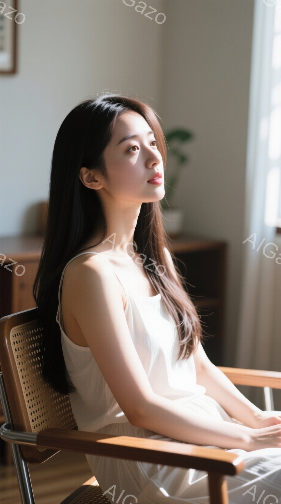 長い黒髪を肩にかけた女性が、明るい色の椅子に座って横を向いています。白いシンプルなワンピースを着ており、穏やかで物憂げな表情をしています。背景には木製の家具や緑の植物が見え、柔らかい自然光が差し込み、全体的に静かで落ち着いた雰囲気です。