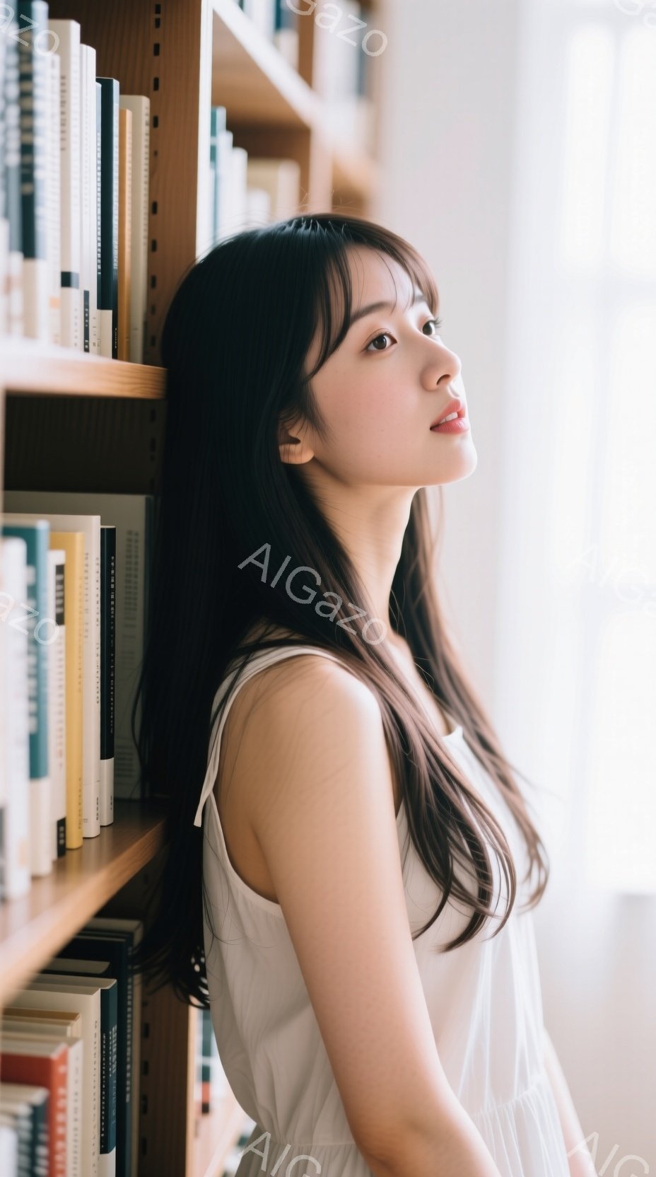長い黒髪を肩から背中に流した女性が、白いノースリーブのワンピースを着て、少し上を見ている。背景には木製の本棚が並び、柔らかい光が差し込んで、穏やかで知的な雰囲気を醸し出している。彼女の表情は優雅で、少し物思いにふけっているように見える。