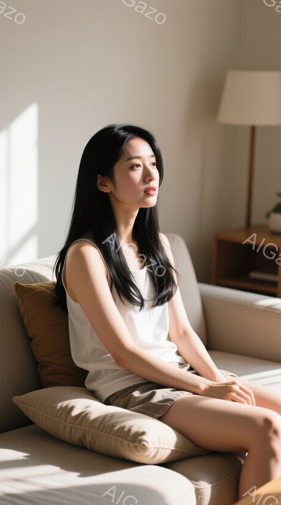 長い黒髪をセンターパートにした女性が、ベージュ色のソファに座っています。白いタンクトップとショートパンツを身につけ、リラックスした表情で遠くを見つめています。背景には木製のサイドテーブルと間接照明があ - AI生成フリー素材
