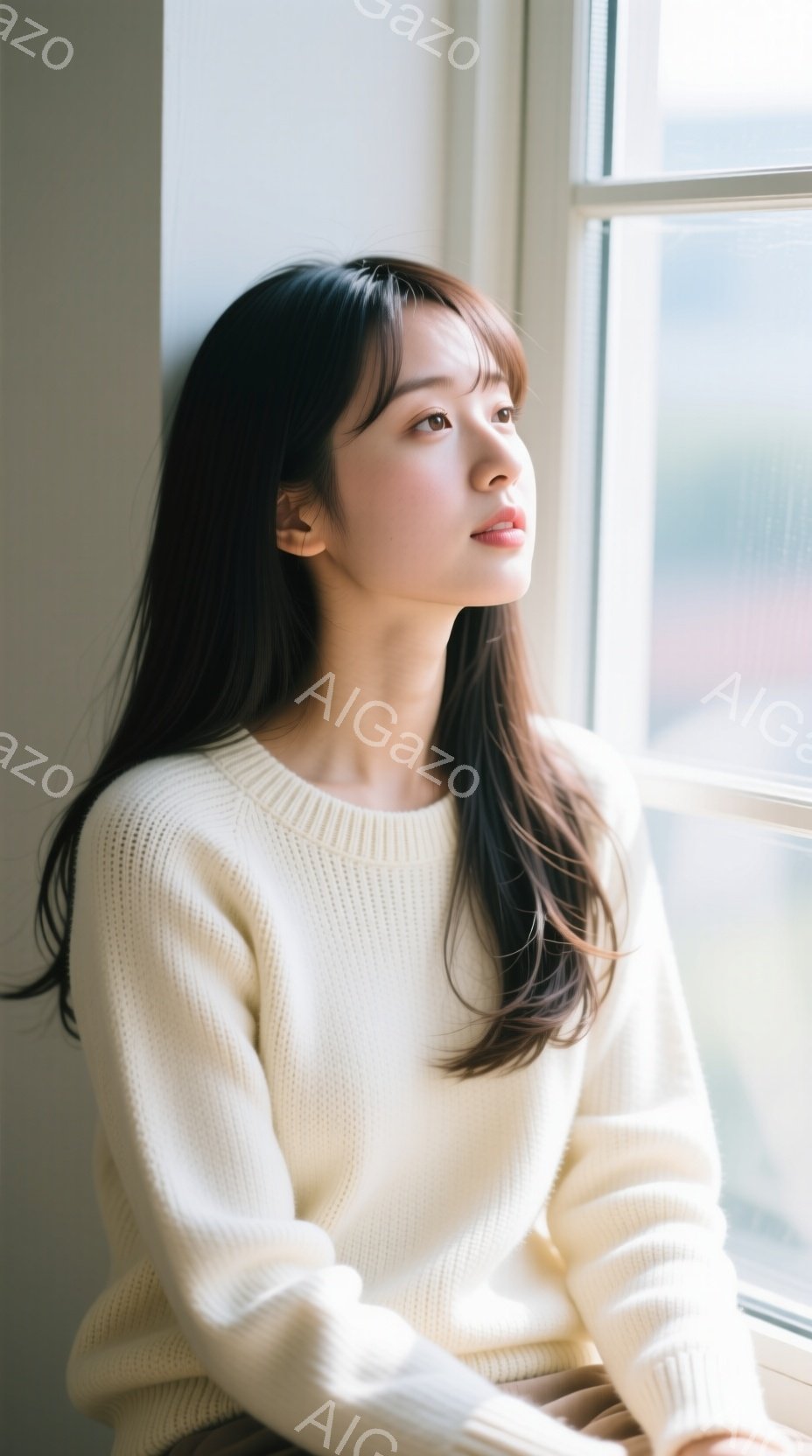 長い黒髪の女性が白いセーターを着て、窓辺に座って外を見つめています。彼女は穏やかな表情で、少し物憂げな視線を送っています。背景にはぼやけた建物の風景が見え、全体的に柔らかく、静謐な雰囲気が漂っています。
