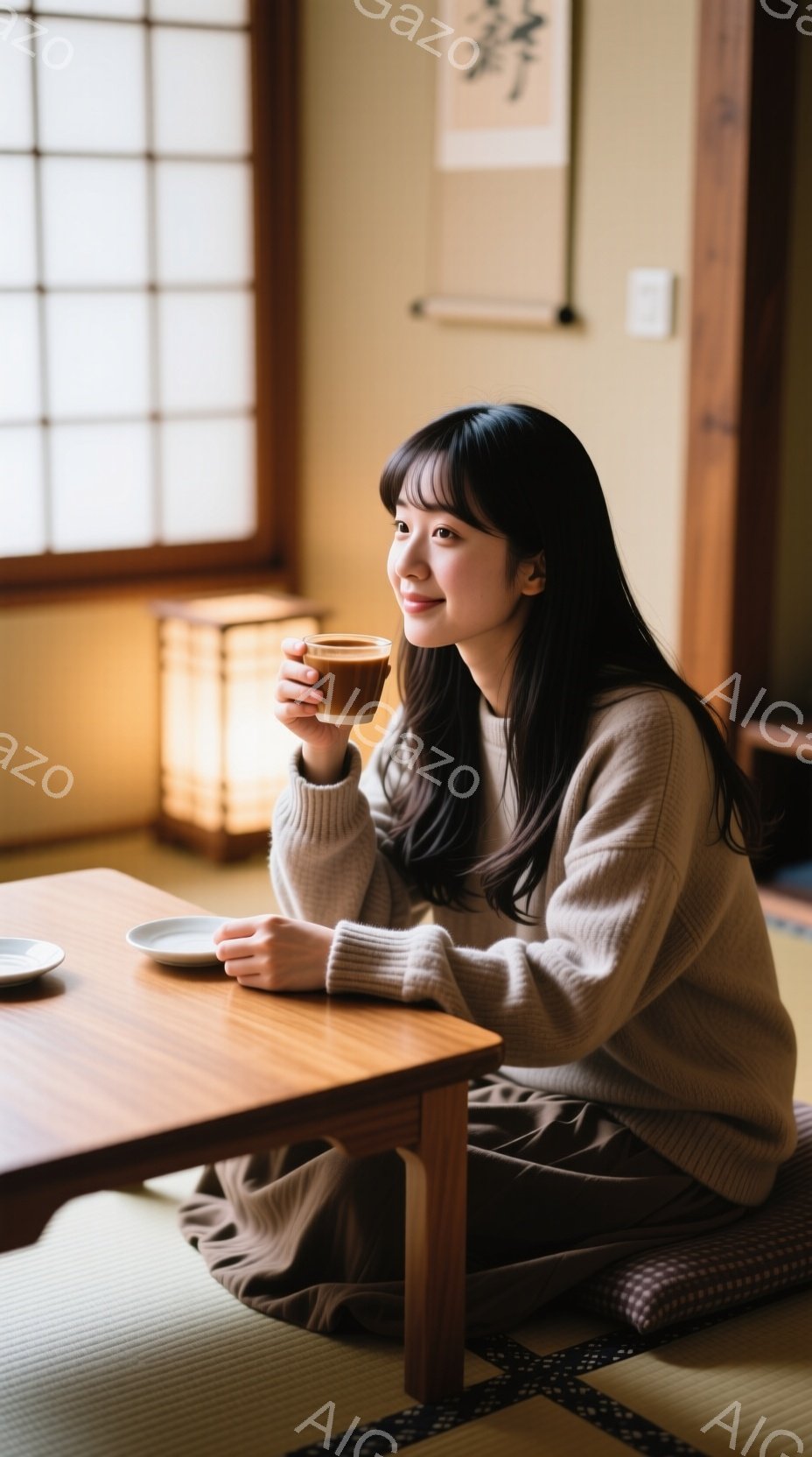 彼女は畳の部屋で、木製の低いテーブルを挟んで座っており、温かい飲み物を手に持っています。ダークブラウンのセーターと落ち着いた色のズボンを身に着け、前髪を少しカールさせたロングヘアで、穏やかな笑顔を浮かべています。背景には、掛け軸と和紙の障子が見え、静かでリラックスした雰囲気が漂っています。