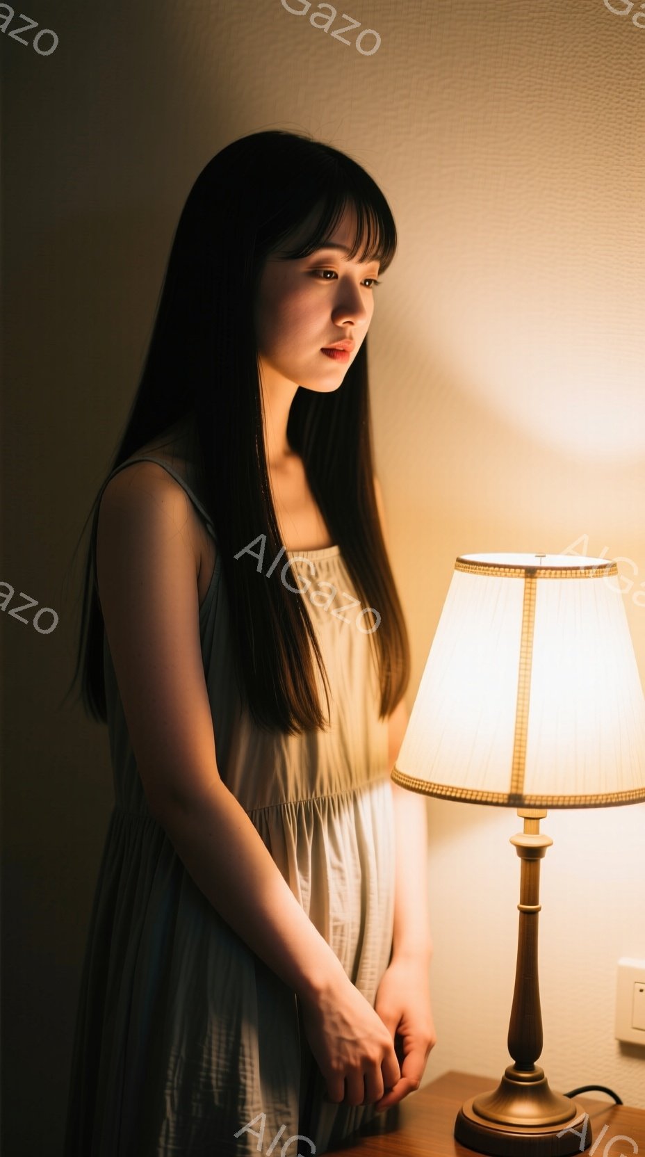 長い黒髪の女性が、ベージュ色のキャミソールワンピースを着て立っている。彼女は少し横を向き、憂いを含んだ表情で、ランプの光に照らされている。背景は薄暗く、壁とテーブルが見える程度で、全体的に物憂げで静かな雰囲気が漂っている。