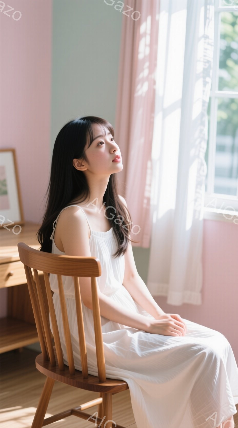 長い黒髪の女性が、クリーム色のキャミソールワンピースを着て椅子に座っています。彼女は少し上目遣いで、穏やかな表情を浮かべており、窓から差し込む柔らかい光に照らされています。背景には、薄いピンク色のカーテンと木製のテーブルが見え、全体的に優しく、落ち着いた雰囲気が漂っています。