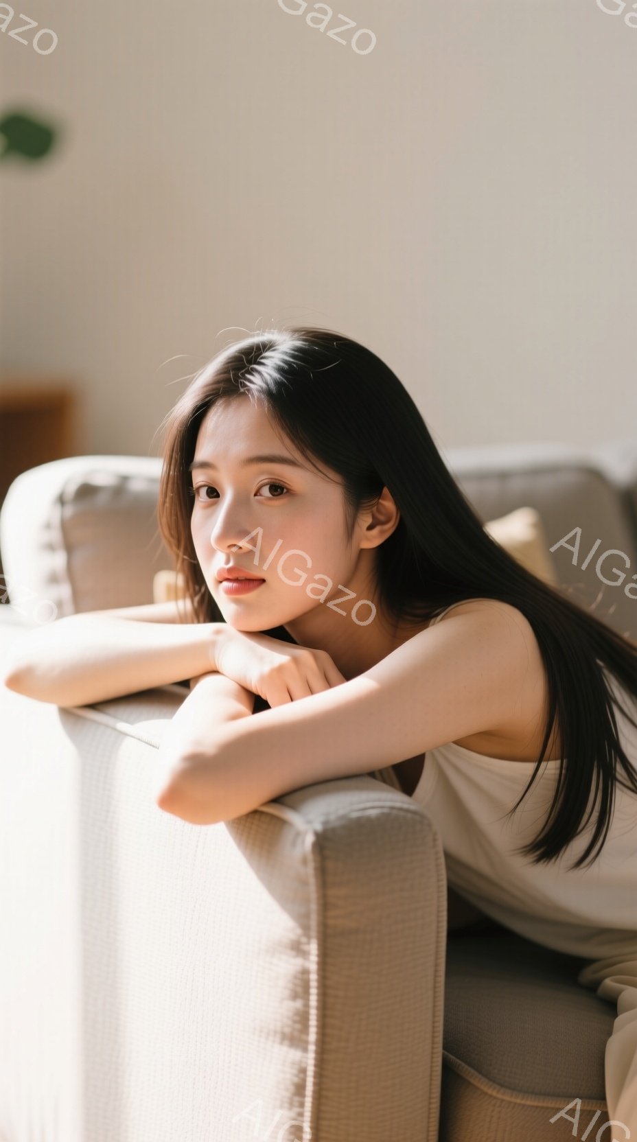 長い黒髪を伸ばした若い女性が、ベージュ色のソファに肘をついて座っています。白いタンクトップを着ており、穏やかで少し微笑んだ表情をしています。背景は明るいベージュと白を基調としたシンプルな室内で、全体的 - AI生成フリー素材