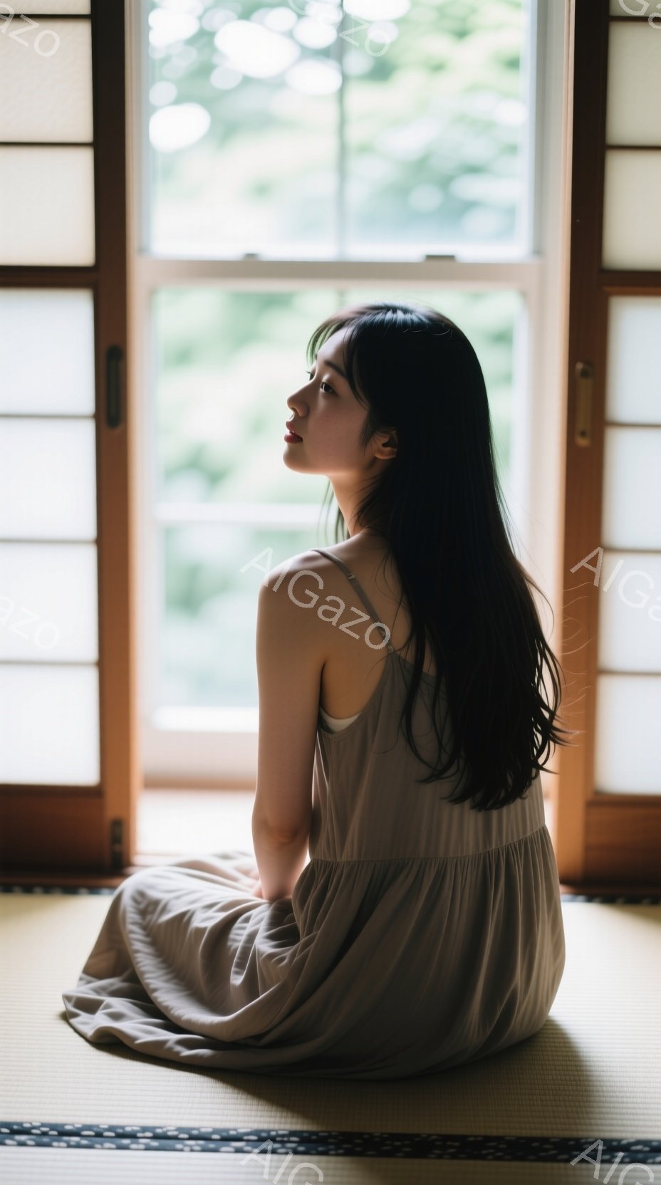 長い黒髪を後ろに垂らし、ベージュ色のキャミソールワンピースを着た女性が畳の上に座っている。彼女は横を向き、少し上目遣いで遠くを見つめており、物憂げで穏やかな表情をしている。背景には木製の障子と緑豊かな自然が見え、静かで落ち着いた雰囲気を醸し出している。