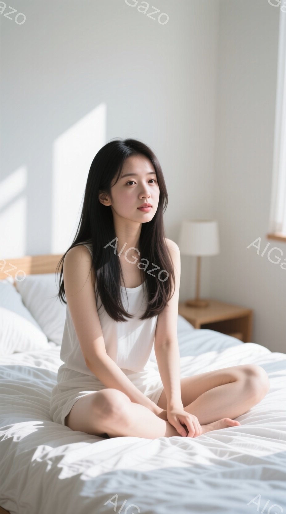 白いベッドに座っている若い女性が写っています。彼女は白いトップスとショートパンツを着ており、長い黒髪は肩にかかっています。リラックスした表情で、穏やかで静謐な雰囲気が漂っています。